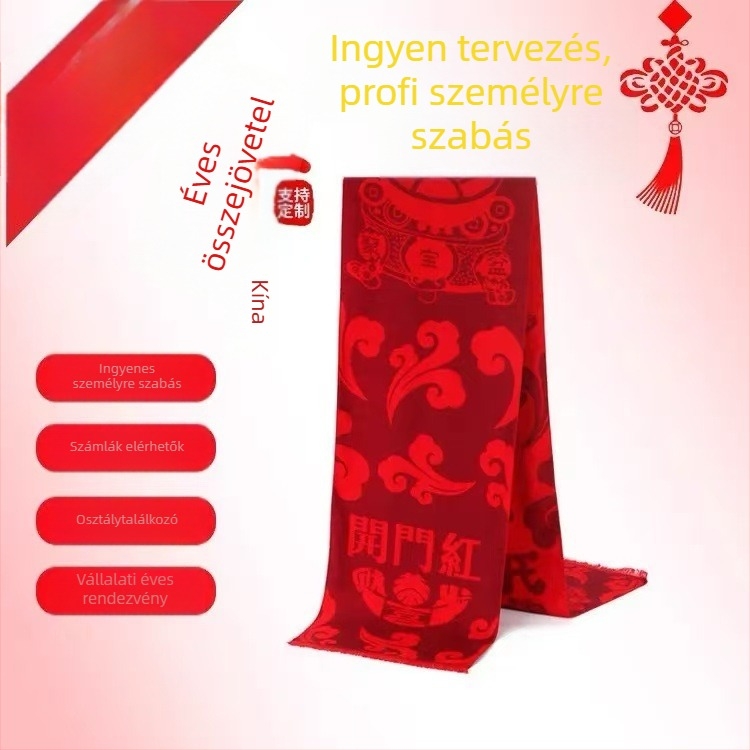 Sál jókívánság motívummal hímzett (Egyszerű kötés; Megőrzi a meleget; Imitációs kasmír; Poliészter; Jacquard)