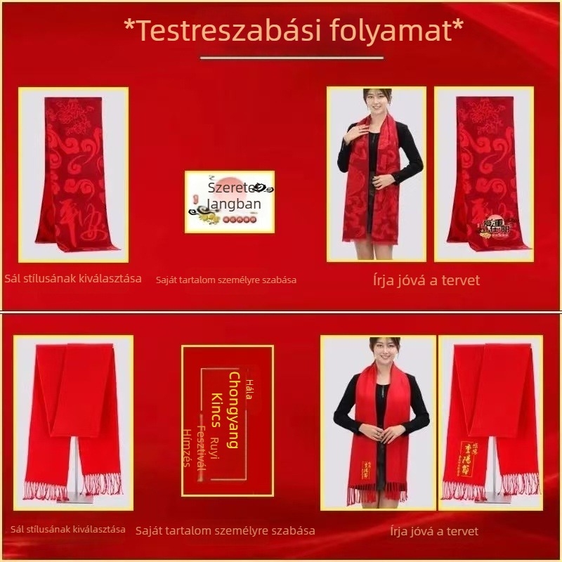 Sál jókívánság motívummal hímzett (Egyszerű kötés; Megőrzi a meleget; Imitációs kasmír; Poliészter; Jacquard)