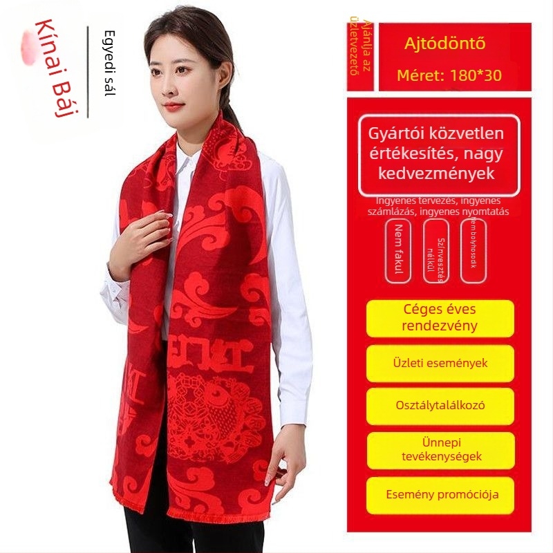 Sál jókívánság motívummal hímzett (Egyszerű kötés; Megőrzi a meleget; Imitációs kasmír; Poliészter; Jacquard)