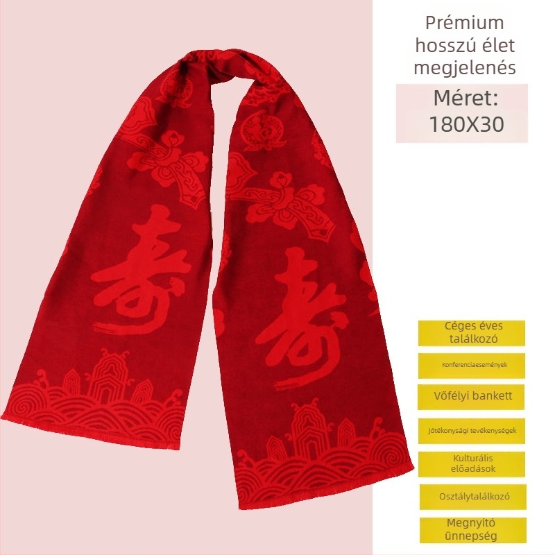 Sál jókívánság motívummal hímzett (Egyszerű kötés; Megőrzi a meleget; Imitációs kasmír; Poliészter; Jacquard)