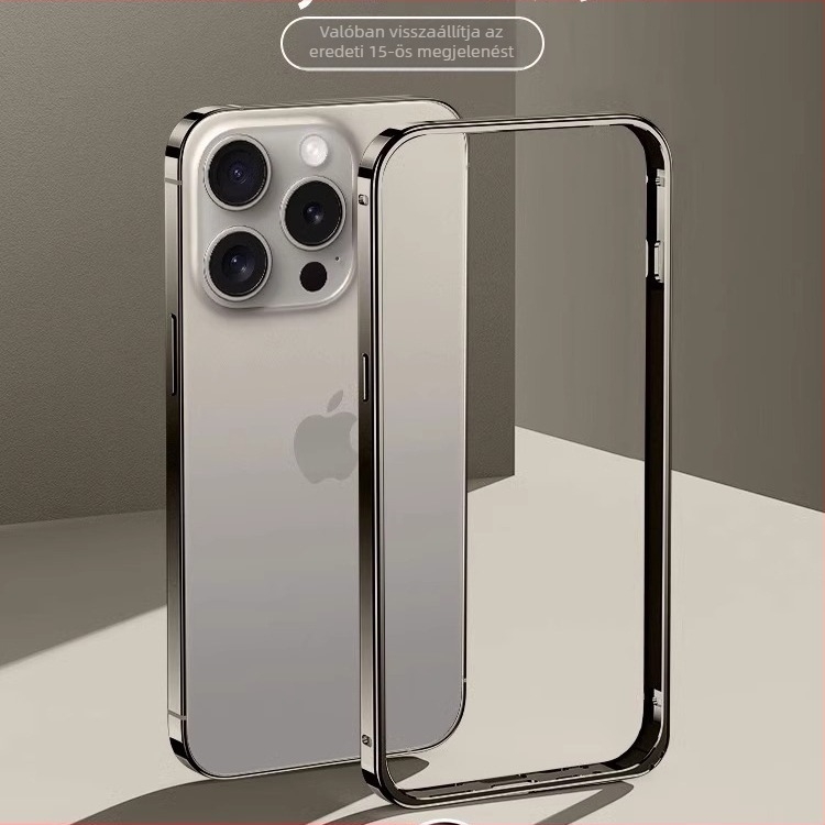 iPhone 16 Pro Maxhoz készült ultra vékony védőtok titánium színű fém kerettel, teljes védelem esések és ujjlenyomatok ellen.
