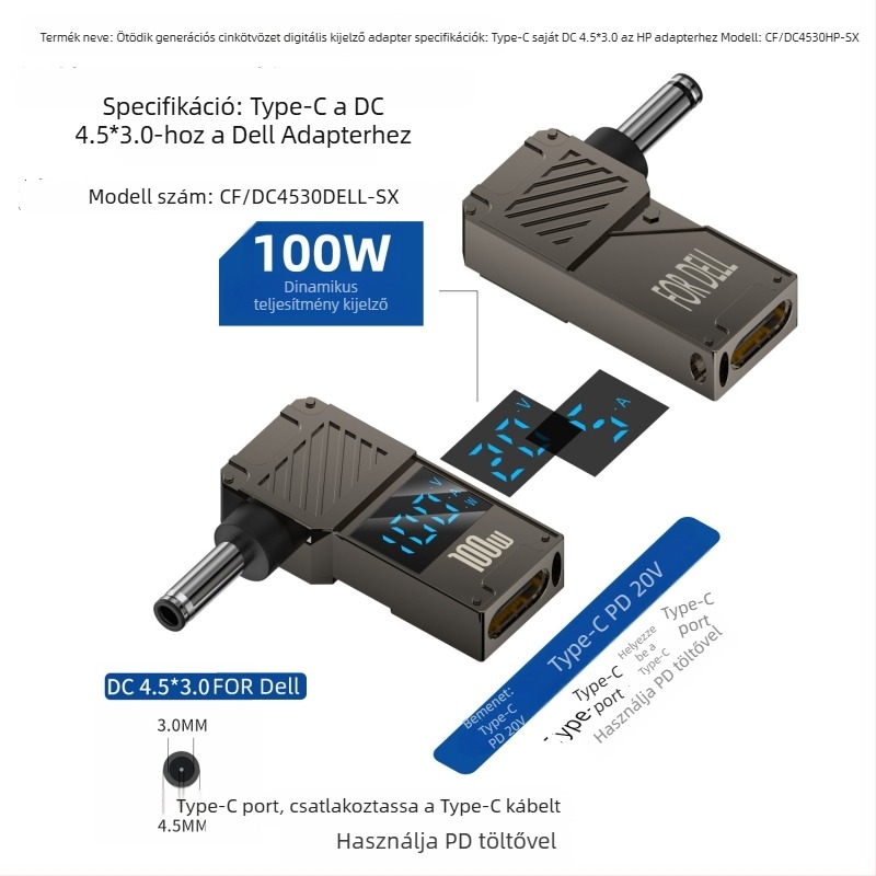 One Core Type-C–to–DC digitális kijelző adapter, PD 100W gyors töltés, noteszgép töltő konverter