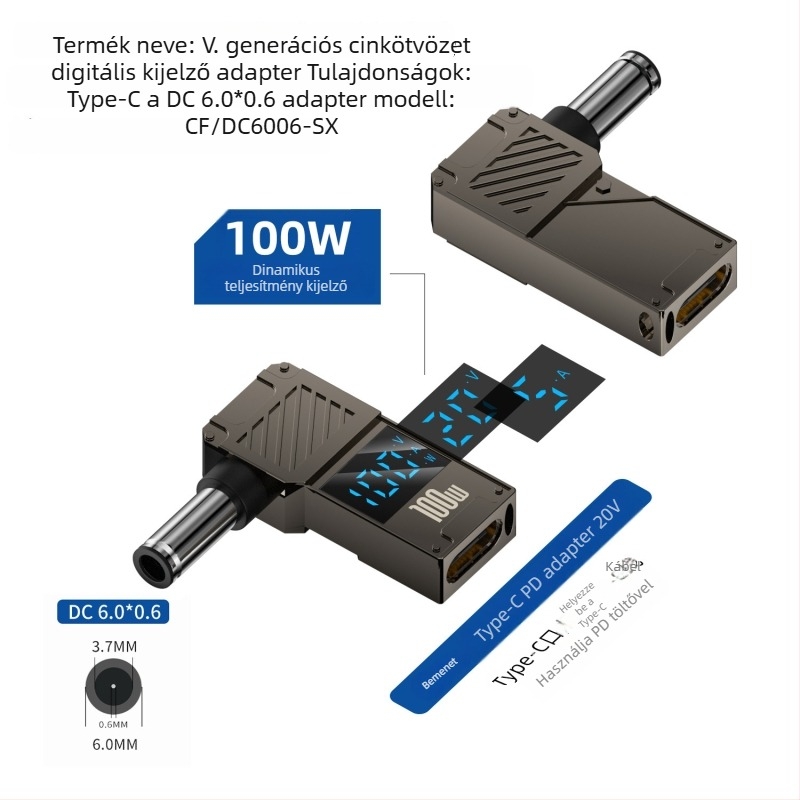 One Core Type-C–to–DC digitális kijelző adapter, PD 100W gyors töltés, noteszgép töltő konverter