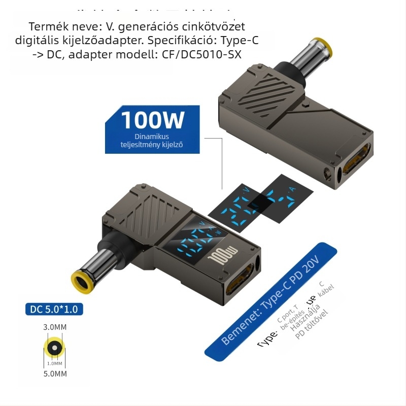 One Core Type-C–to–DC digitális kijelző adapter, PD 100W gyors töltés, noteszgép töltő konverter