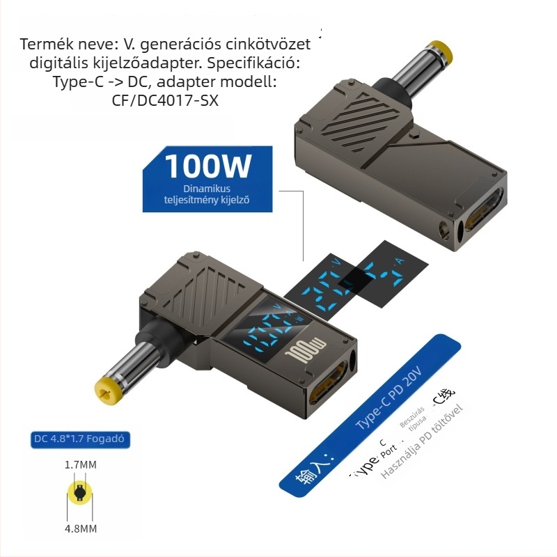 One Core Type-C–to–DC digitális kijelző adapter, PD 100W gyors töltés, noteszgép töltő konverter
