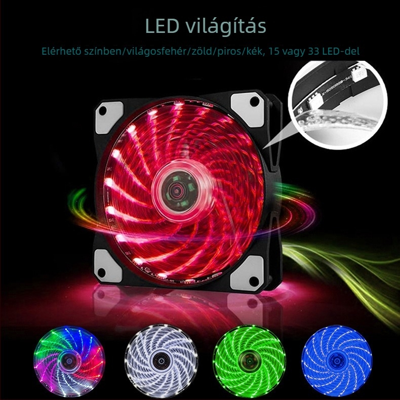 LED világítással ellátott házventilátor, hidraulikus csapágy, 1200 RPM, 22 dBA, élettartam 30 000 óra