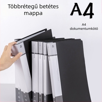Fekete A4-es dokumentumtároló mappa átlátszó betétekkel, több rétegű irattároló