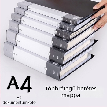 Fekete A4-es dokumentumtároló mappa átlátszó betétekkel, több rétegű irattároló