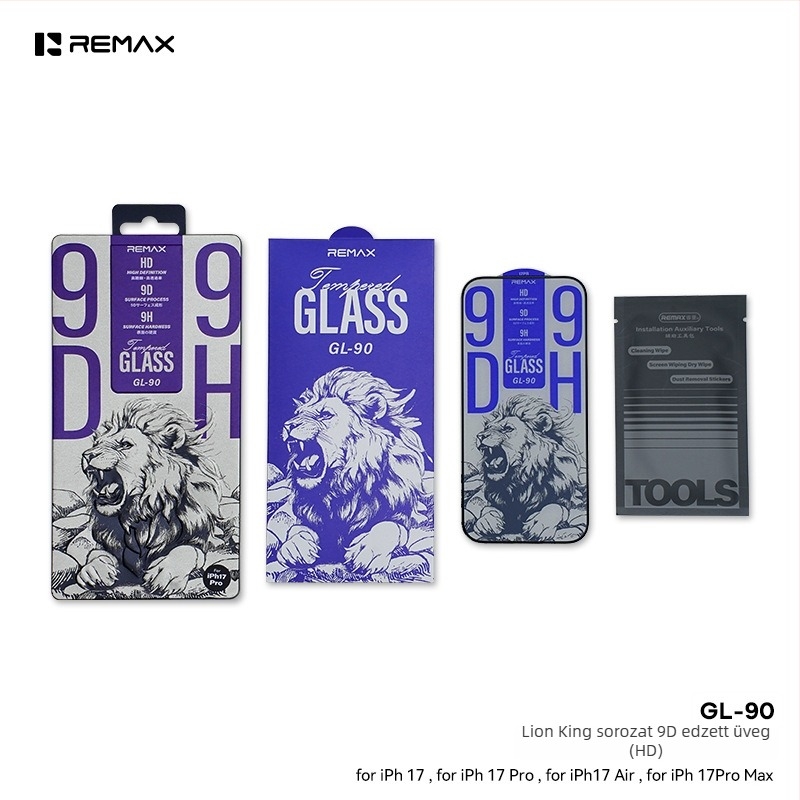 Remax Lion King 9D ívelt élű edzett üveg kijelzővédő iPhone 15–17 sorozathoz, HD