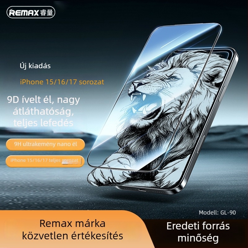 Remax Lion King 9D ívelt élű edzett üveg kijelzővédő iPhone 15–17 sorozathoz, HD