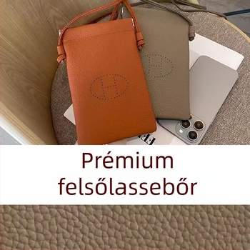 Valódi bőrből készült telefon-táska, függőleges négyzetes forma, nyitott felső rész, aprópénz zsebbel, nőknek, mindennapi használatra