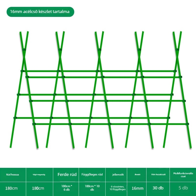 Babfuttató támrendszer erkélyre és kertbe, zöldségeket kapaszkodó növények számára, műanyag bevonatú acélcsőből, kültéri használatra