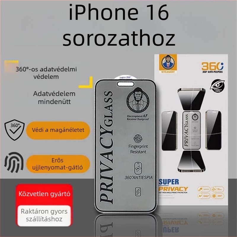 360° Anti-Peep edzett üveg kijelzővédő iPhone 15-höz