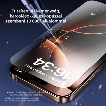 iPhone 14 Pro / Pro Max edzett üveg kijelzővédő, teljes lefedettség, anti-ujjlenyomat, anti-peep