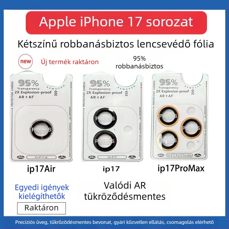 iPhone 17 Pro Max és iPhone 17 Air kamera lencse védő, edzett üveg, két színű bevonat, ütésálló, por- és ujjlenyomat-mentes.
