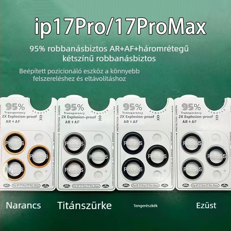 iPhone 17 Pro Max és iPhone 17 Air kamera lencse védő, edzett üveg, két színű bevonat, ütésálló, por- és ujjlenyomat-mentes.
