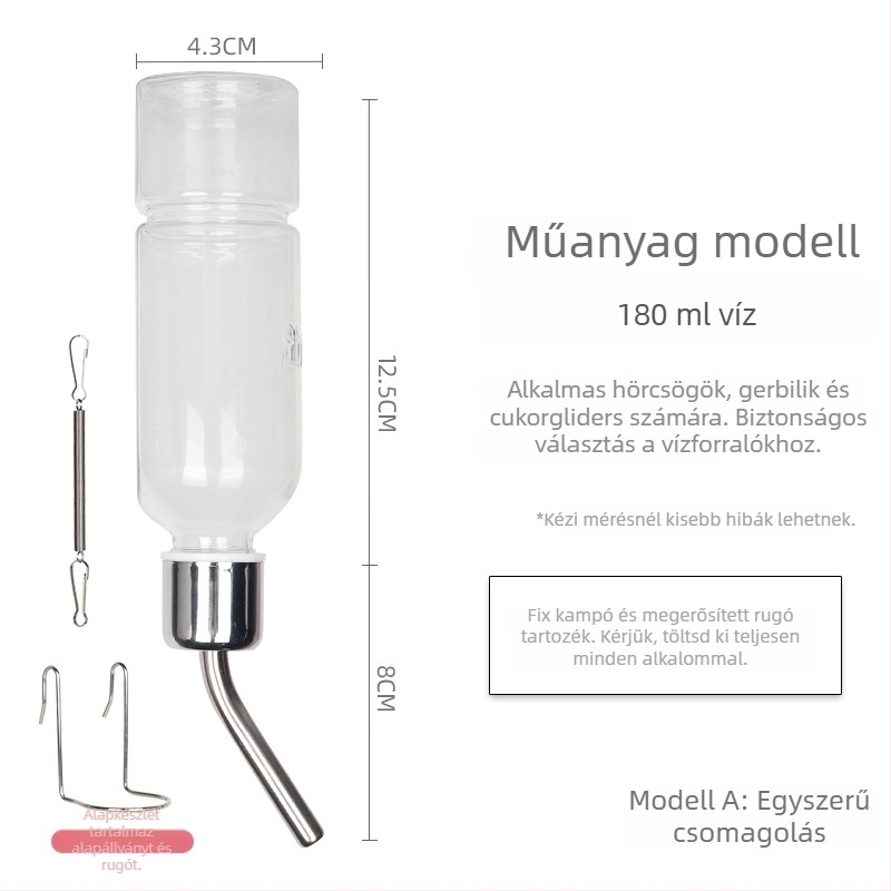 Üvegből készült itatópohár kisállatok számára golyóscsapárral – alkalmas hörcsögöknek és más apró állatoknak