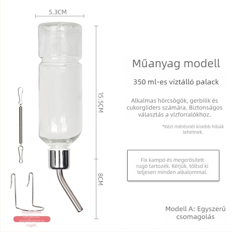 Üvegből készült itatópohár kisállatok számára golyóscsapárral – alkalmas hörcsögöknek és más apró állatoknak