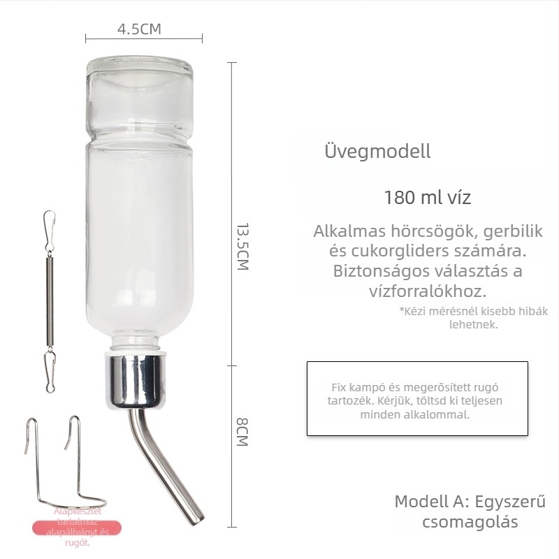 Üvegből készült itatópohár kisállatok számára golyóscsapárral – alkalmas hörcsögöknek és más apró állatoknak