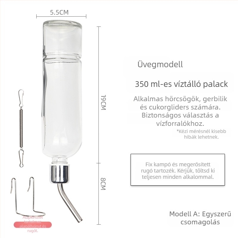 Üvegből készült itatópohár kisállatok számára golyóscsapárral – alkalmas hörcsögöknek és más apró állatoknak