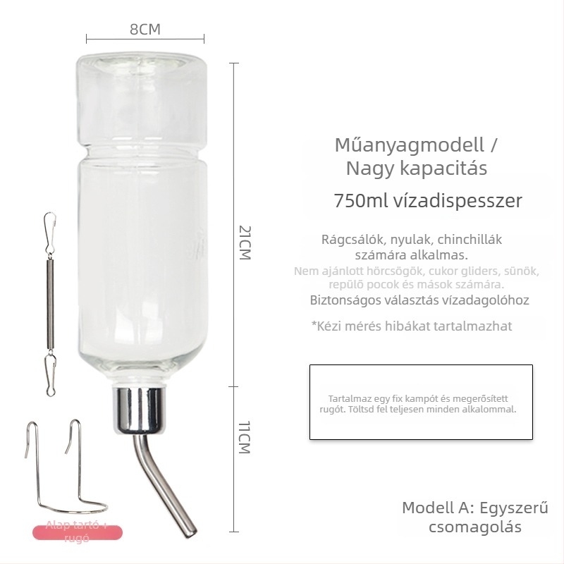 Üvegből készült itatópohár kisállatok számára golyóscsapárral – alkalmas hörcsögöknek és más apró állatoknak