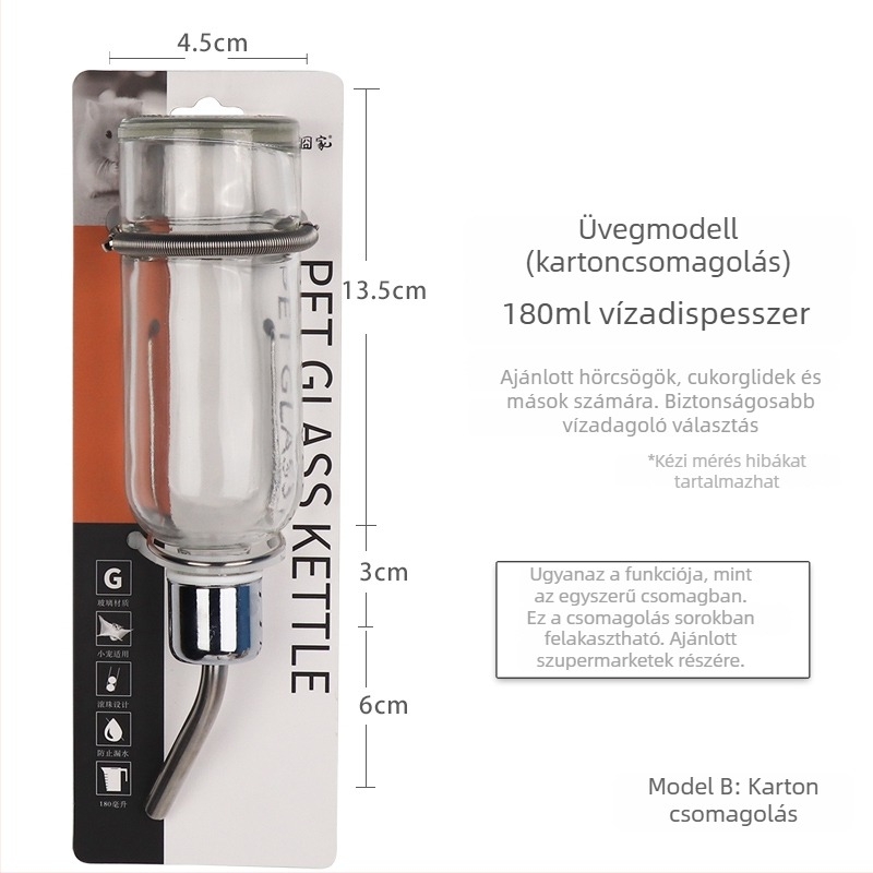 Üvegből készült itatópohár kisállatok számára golyóscsapárral – alkalmas hörcsögöknek és más apró állatoknak