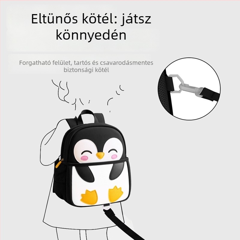 Óvodai hátizsák pingvines mintával, könnyű, lélegző, vízálló nylon anyag, 2–5 éveseknek