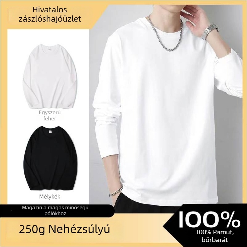 Férfi hosszú ujjú póló – 100% pamut, kereknyak, lazább szabás, egyszínű dizájn