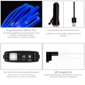 Autó belső hangulatvilágítási LED-szalag, hangvezérlésű alkalmazással, zenei szinkronizáció a középkonzolhoz, G sorozat, PVC+LED+MMA, 5-12V, 1.4W, univerzális