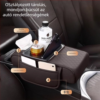 Bőr autókarfa emelhető párna – multifunkcionális zsebkendő tartóval, központi tárolóval és pohártartóval