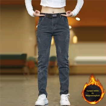 Férfi rugalmas farmernadrág, slim-fit, mindennapi, téli meleg, hosszú nadrág
