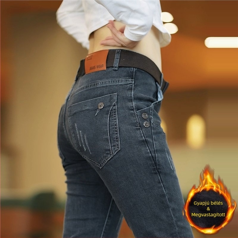 Férfi rugalmas farmernadrág, slim-fit, mindennapi, téli meleg, hosszú nadrág
