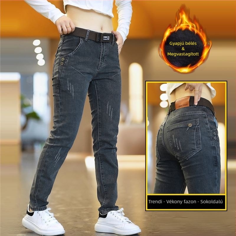 Férfi rugalmas farmernadrág, slim-fit, mindennapi, téli meleg, hosszú nadrág