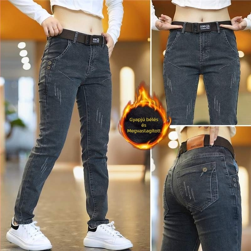 Férfi rugalmas farmernadrág, slim-fit, mindennapi, téli meleg, hosszú nadrág