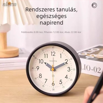 Asztali ébresztőóra analóg kijelzővel, sima másodpercek mozgása, elemes működés és ébresztő funkció