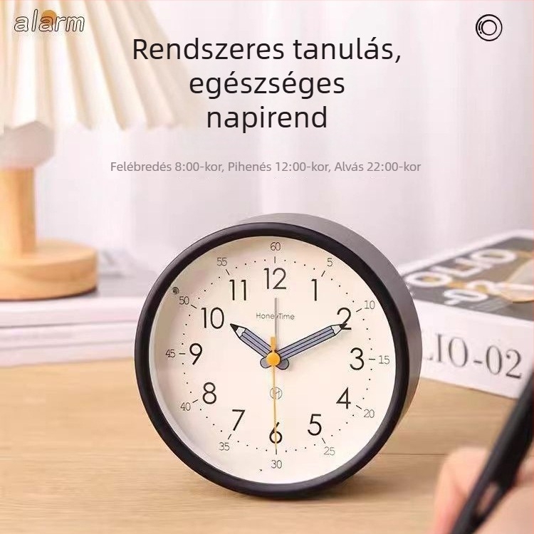 Asztali ébresztőóra analóg kijelzővel, sima másodpercek mozgása, elemes működés és ébresztő funkció