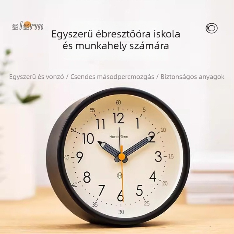 Asztali ébresztőóra analóg kijelzővel, sima másodpercek mozgása, elemes működés és ébresztő funkció