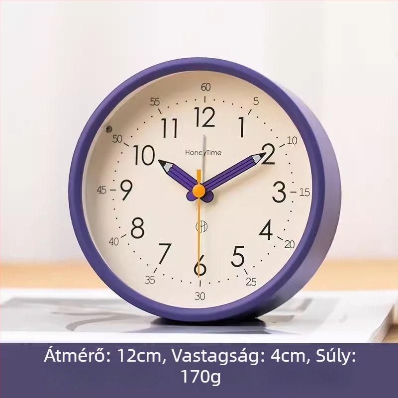 Asztali ébresztőóra analóg kijelzővel, sima másodpercek mozgása, elemes működés és ébresztő funkció