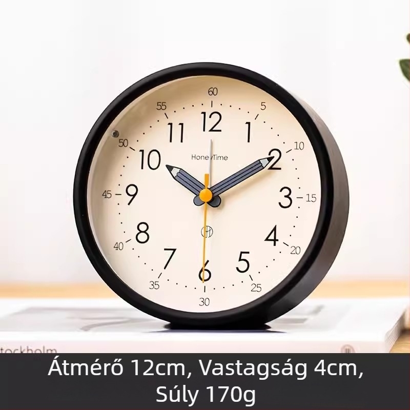 Asztali ébresztőóra analóg kijelzővel, sima másodpercek mozgása, elemes működés és ébresztő funkció