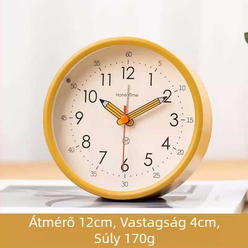 Asztali ébresztőóra analóg kijelzővel, sima másodpercek mozgása, elemes működés és ébresztő funkció