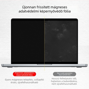 MacBook Prohoz készült képernyővédő fólia mágneses rögzítéssel, adatvédelmi funkcióval és kékfény-szűrővel