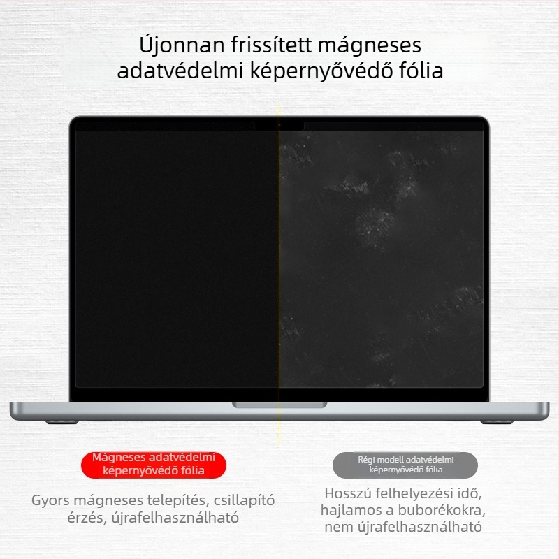 MacBook Prohoz készült képernyővédő fólia mágneses rögzítéssel, adatvédelmi funkcióval és kékfény-szűrővel