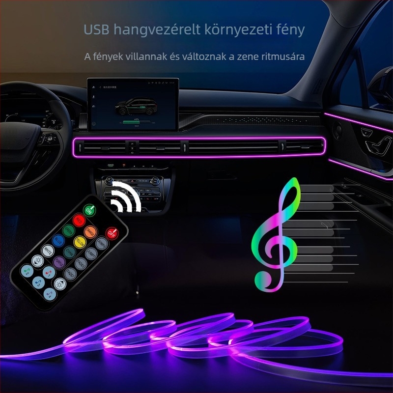USB autó belső atmoszférikus világítása – színes, hangvezérlés, vezeték nélküli, PMMA, 5V