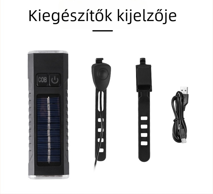 Kerékpár elsőfénye figyelmeztető kürttel és LED világítás, USB-s és napelemes kettős töltés