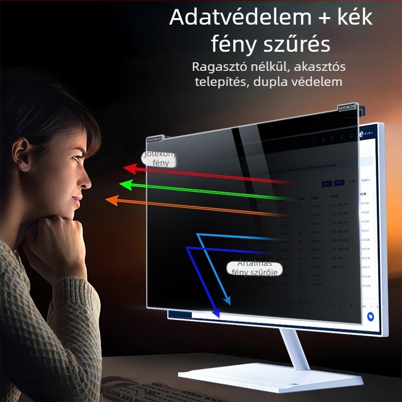 Számítógéphez tartó magánéletvédelmi képernyő függő rögzítéssel — Anti-Peep, kékfény-szűrő, asztali számítógép és laptop számára