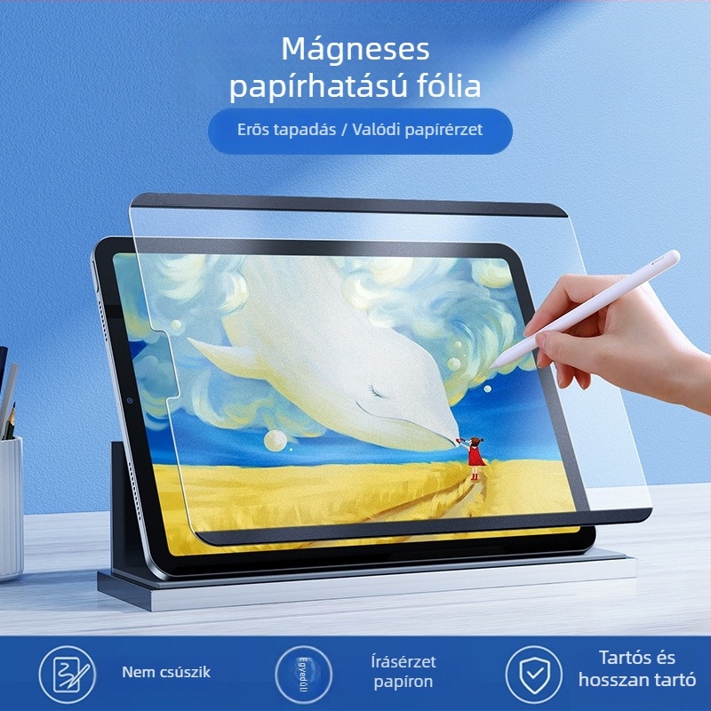 Mágneses papírérzetű előlapos képernyővédő iPad Air 5, iPad Pro 11 hüvelyk, iPad 10. generáció és iPad Mini 6 számára — matt felület, ujjlenyomat-mentes, ütésálló, teljes képernyővédő és írásra alkalmas felület