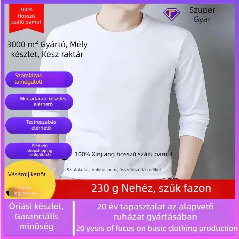 Férfi slim-fit hosszú ujjú vastag pamut T-shirt, kerek nyakú, ősz–téli viselet