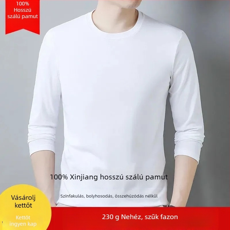 Férfi slim-fit hosszú ujjú vastag pamut T-shirt, kerek nyakú, ősz–téli viselet