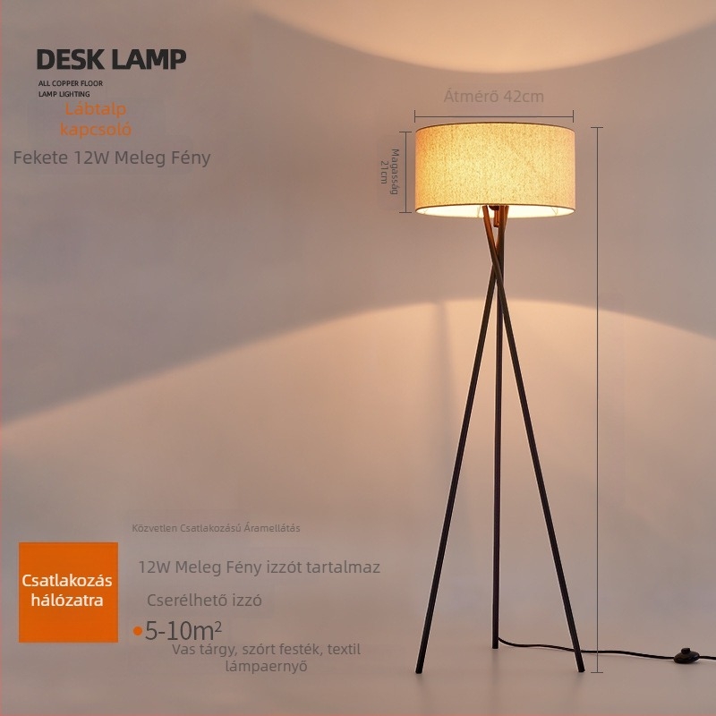Skandináv stílusú állólámpa LED-del, 220V, textil árnyékoló, vasból készült test, 1 fényforrás, ideális nappalira vagy hálószobába