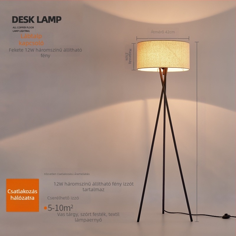 Skandináv stílusú állólámpa LED-del, 220V, textil árnyékoló, vasból készült test, 1 fényforrás, ideális nappalira vagy hálószobába